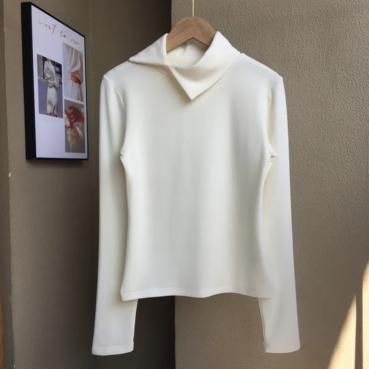 法式小众翻领纯色长袖T恤秋冬新款修身显瘦百搭洋气打底衫上衣女