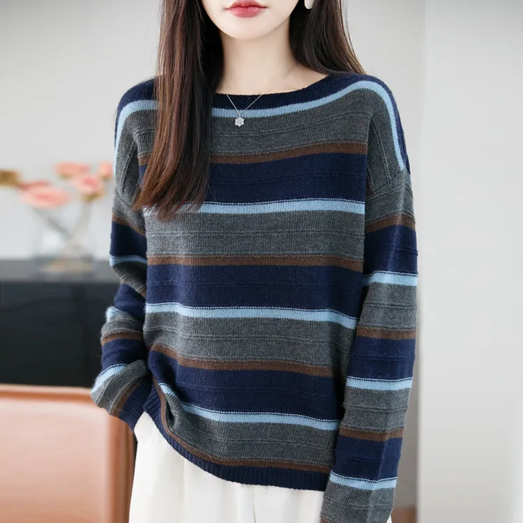 法式复古条纹圆领长袖针织衫女新款百搭保暖上衣慵懒风女装毛衣