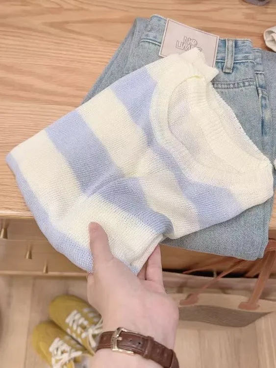 七言家巨好看！韩系穿搭#蓝白条纹凉感套头短袖