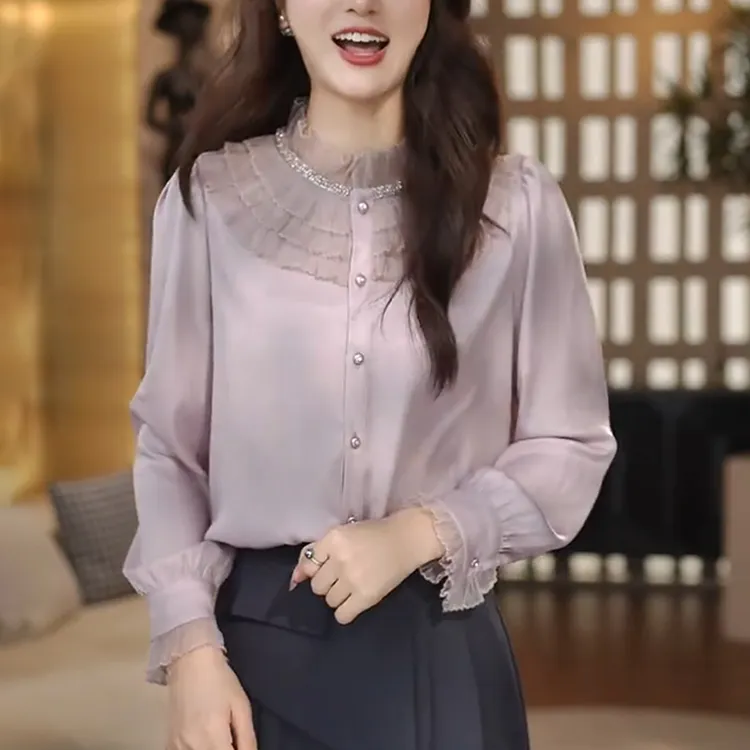 2025秋季新款法式粉色长袖女衬衫洋气减龄设计感木耳花边立领上衣