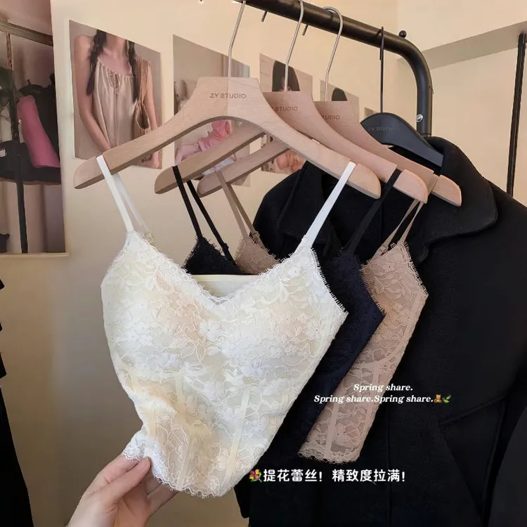 纯欲天花板~法式蕾丝拼接吊带一体式胸垫无钢圈春夏新款内搭美背