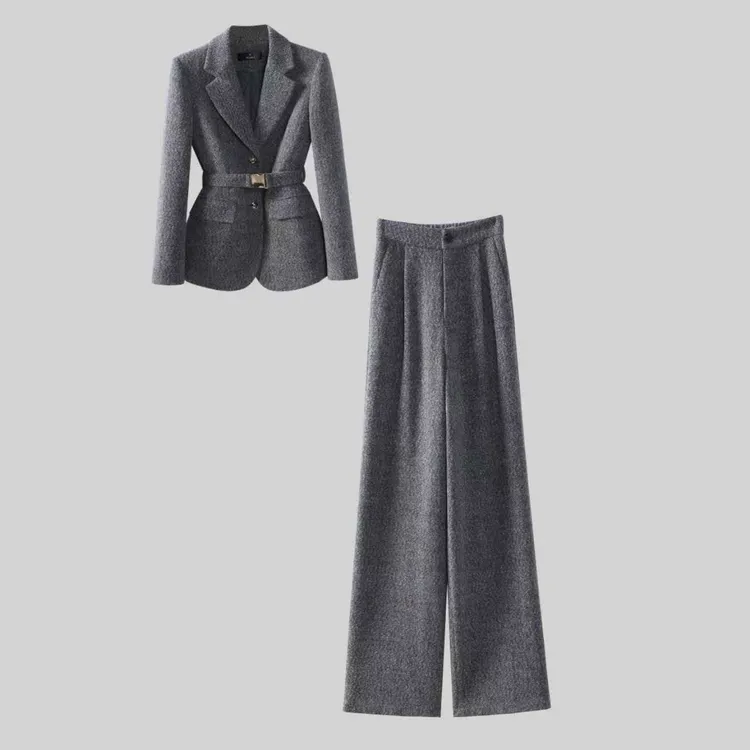 〈纪朵研〉1566复古港风休闲风时尚套装秋冬高腰灰色显瘦阔腿裤气质