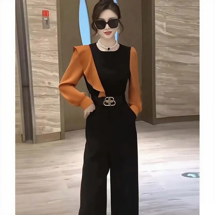 【送腰带】春秋气质减龄荷叶边时尚休闲显瘦拼接连体衣阔腿裤D3503