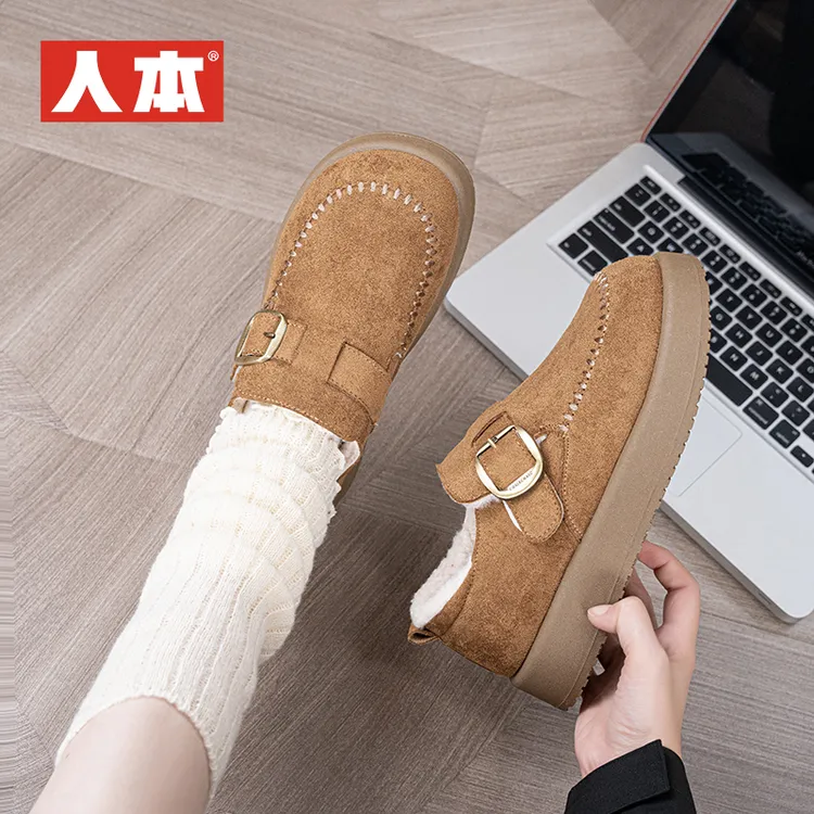 人本皮面大头勃肯鞋女款2025冬季加绒加厚小众百搭日常棉鞋