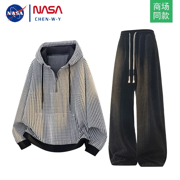 NASA连帽老钱风半拉链连帽卫衣套装男款春秋新款雪尼尔休闲两件套