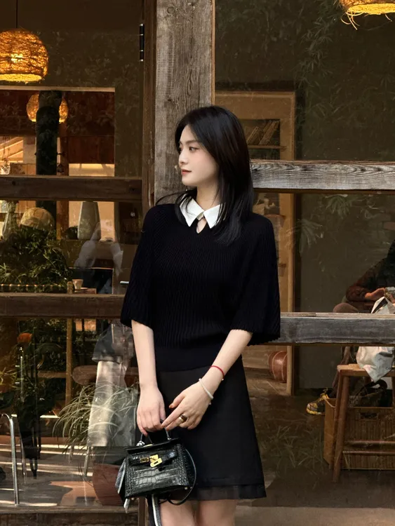 LUOZHIYIN/罗知音T112495TF短袖毛针织衫中袖宽松型蝙蝠袖T恤上衣