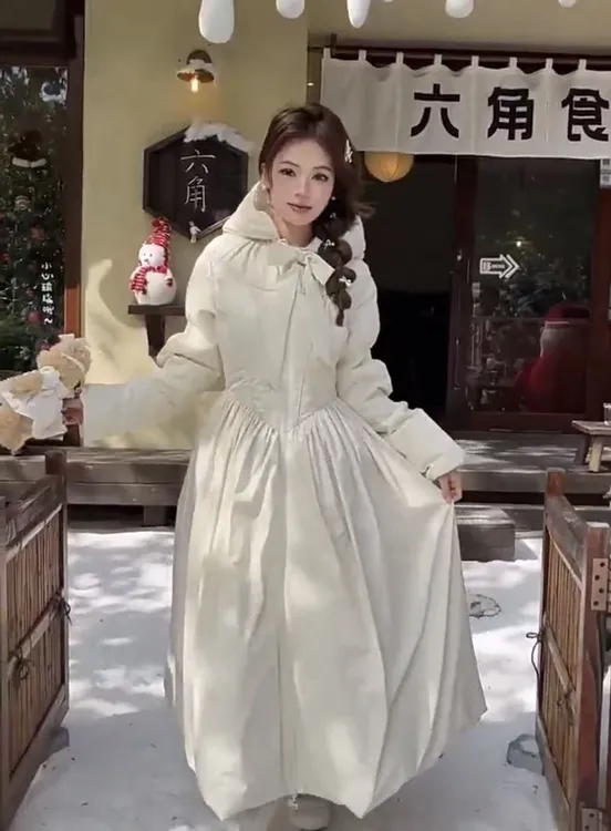 LaceMade 黑白战士 1件过冬 法式设计感收腰长款白色羽绒服大摆冬