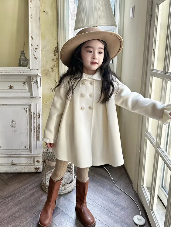送内胆[Petit Nez]复古100%羊毛双面羊绒大衣手工制女童奶白打褶