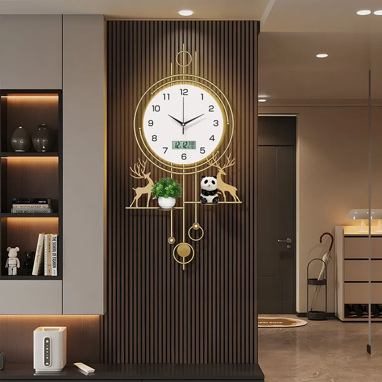 格栅挂钟客厅装饰钟表带日历万年鹿创意时钟挂墙2025新款大气家用