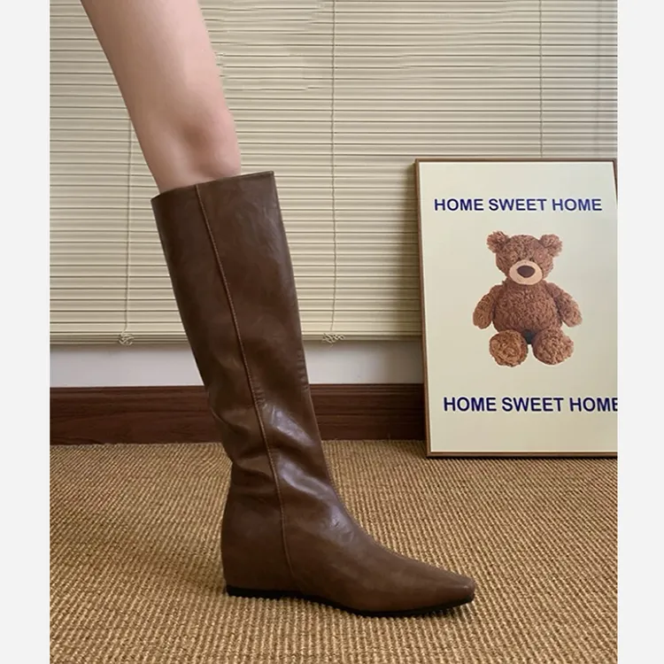 羊皮版~小个子内增高长靴女2025秋冬显瘦方头骑士靴百搭直筒靴