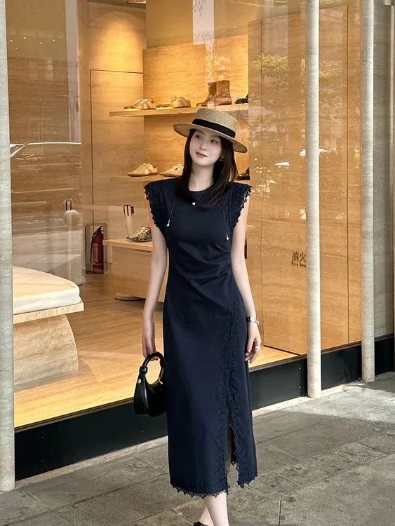 LUOZHIYIN/罗知音R123168W蕾丝拼接连衣裙新中式收腰国风开叉裙子