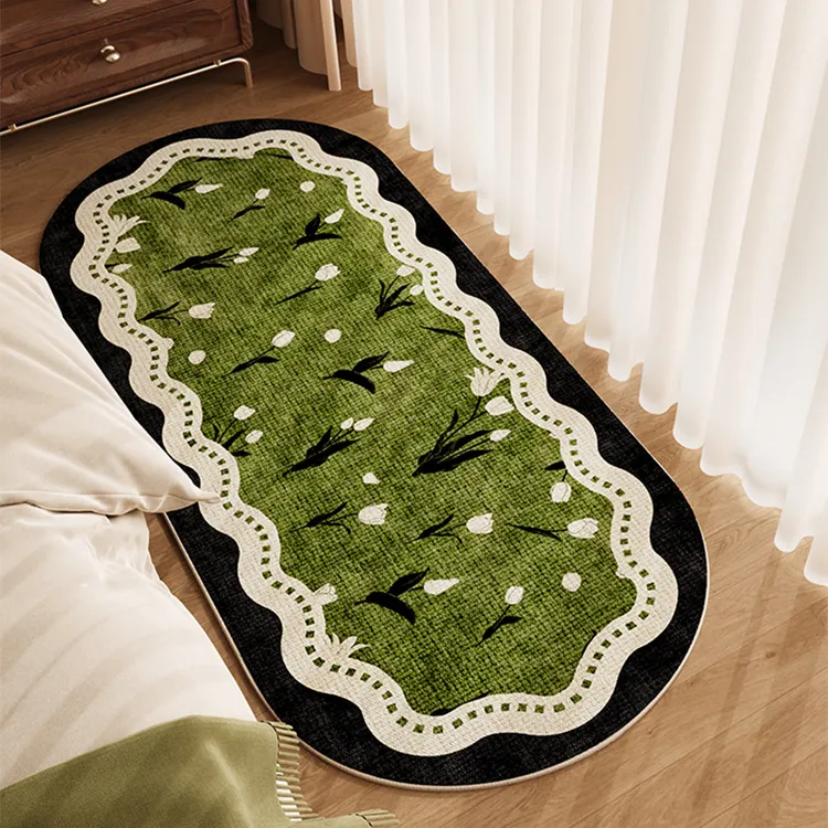 绿色中古风卧室椭圆蝴蝶亚麻床边毯可擦床边地垫