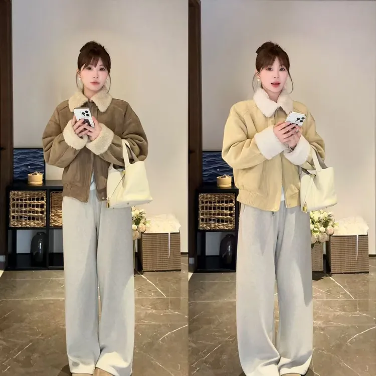 【小小媛YY】老钱风复古翻领麂皮绒短外套女冬季新款皮毛一体保暖