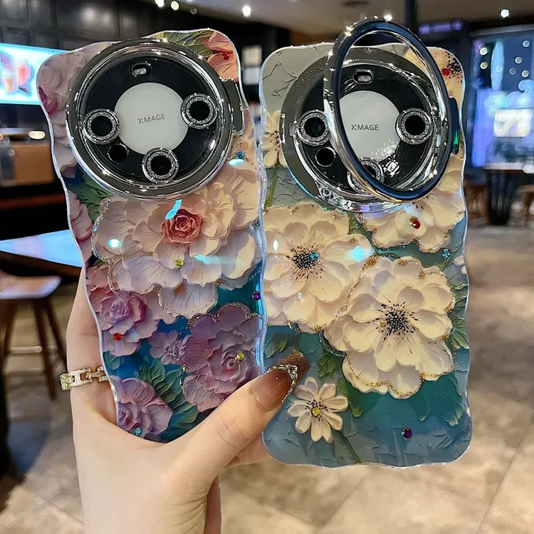 适用华为mate70系列苹果新款壳优雅牡丹花全包隐形支架镜头保护套