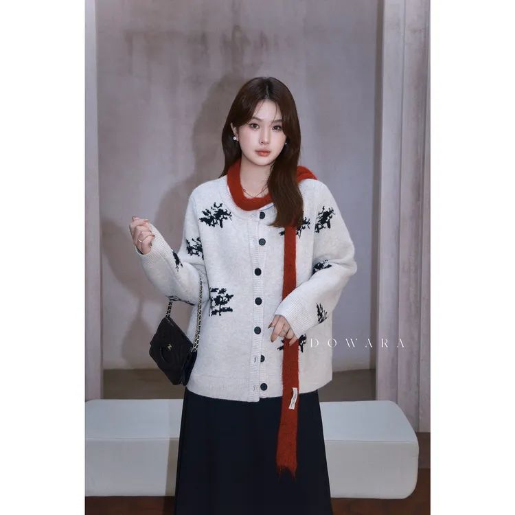 大婉酱微胖定制【德绒像素】冬季色织百搭显瘦女毛织开衫上衣 9949D