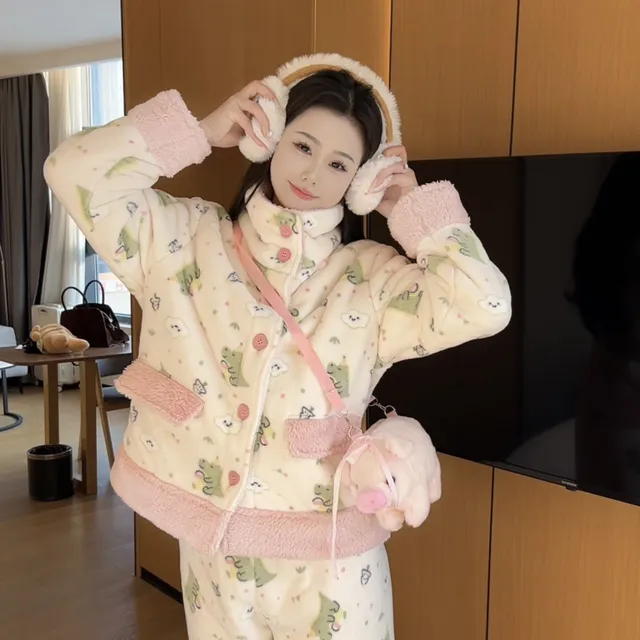 冬季新款三层加绒加厚保暖可爱恐龙高领睡衣套装家居服女可外穿