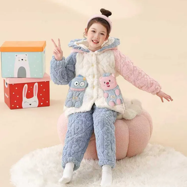 女童丑鱼睡衣儿童冬季法兰绒三层夹棉加绒加厚女孩冬天卡通家居服