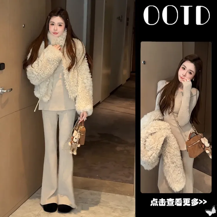 冬季流行穿搭一整套女2025新款韩版针织衫毛绒外套休闲裤三件套