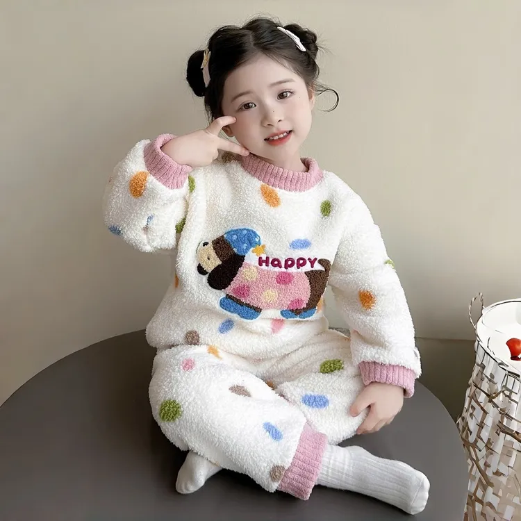 女童儿童睡衣秋冬珊瑚家居服冬季宝宝保暖法兰绒新款加绒加厚套装
