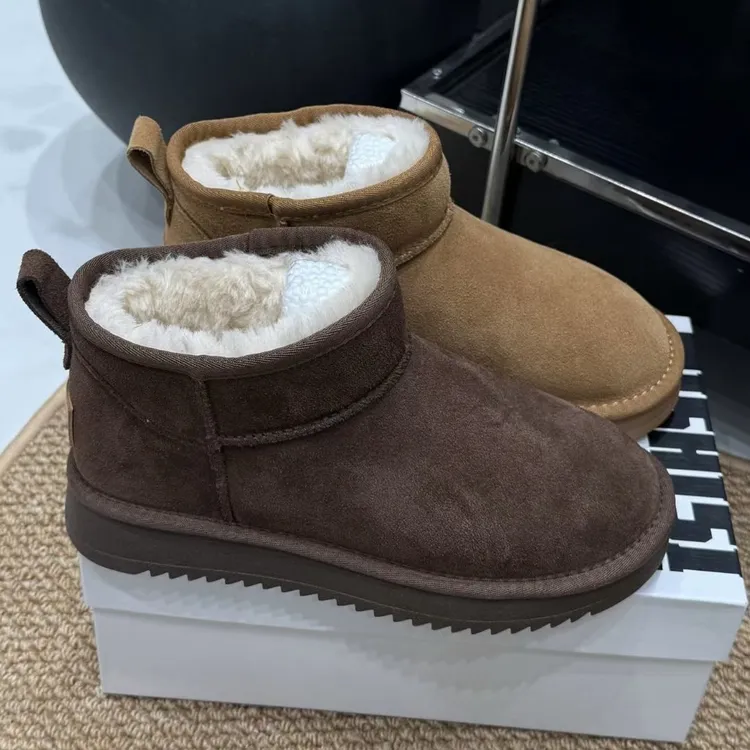 真皮雪地靴厚底女短筒秋冬季韩版百搭保暖防滑加绒加厚情侣款短靴