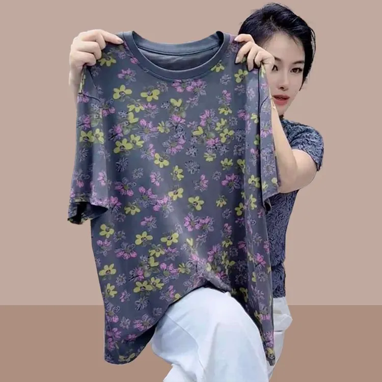2025夏季新款女士休闲大码减龄高级灰色小雏菊上衣碎花短袖T恤潮