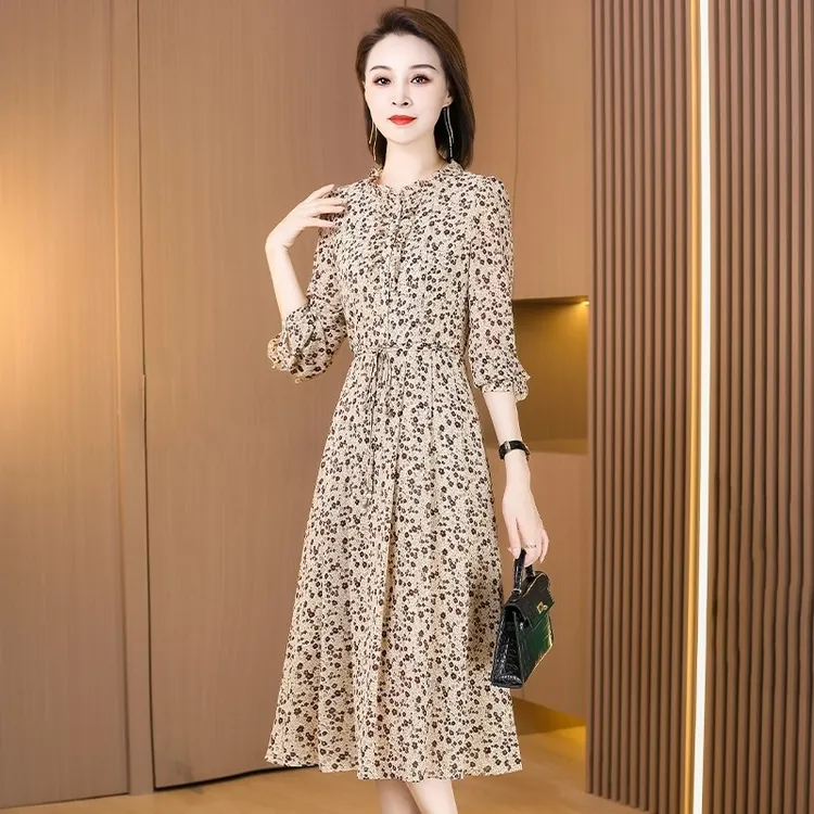 碎花长袖子连衣裙2025新款女早春秋高档贵夫人品牌广州十三行裙子