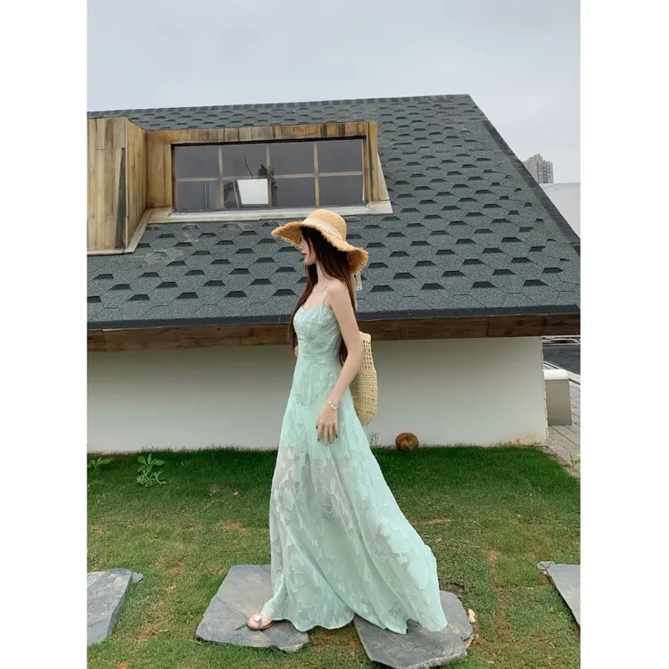 提花收腰连衣裙裙子修身拼接辣妹度假绿色女夏季吊带网纱长裙字a