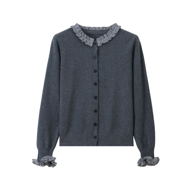 高级法式名媛气质针织上衣女新款木耳边拼接设计感显瘦开衫【PP】