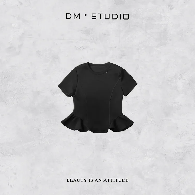 DEDM-DM•STUDIO/小众气质精致感修身剪裁荷叶边短袖上衣（9977）