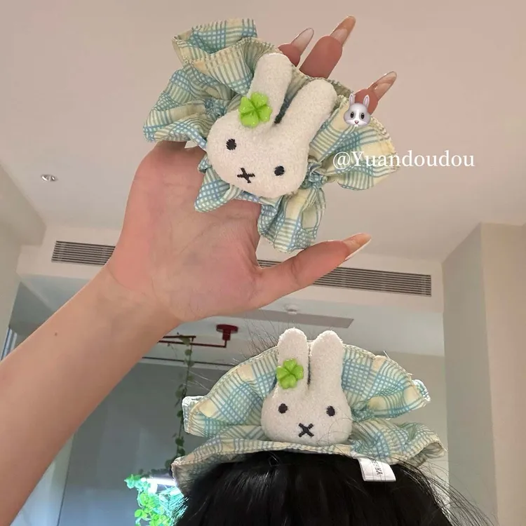 夏日绿色格子可爱米菲四叶草双层发圈大肠圈甜美少女头绳发饰