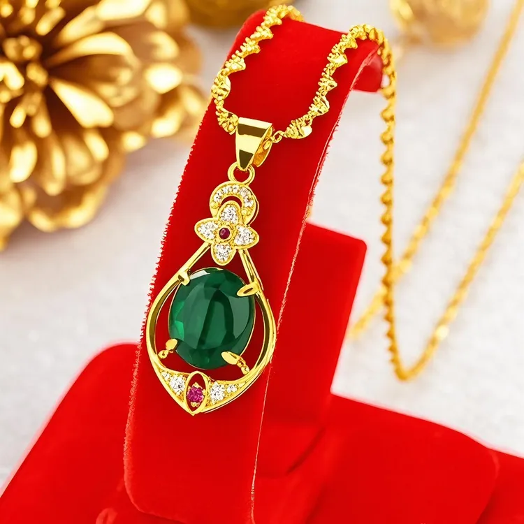 合金项链 孔雀绿四叶草项链气质百搭高级感水滴复古项链