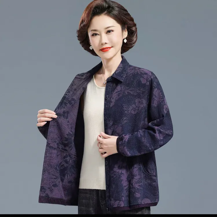 中老年女装牛仔衬衫长袖妈妈秋装外套老年人上衣女提花纯棉奶奶装