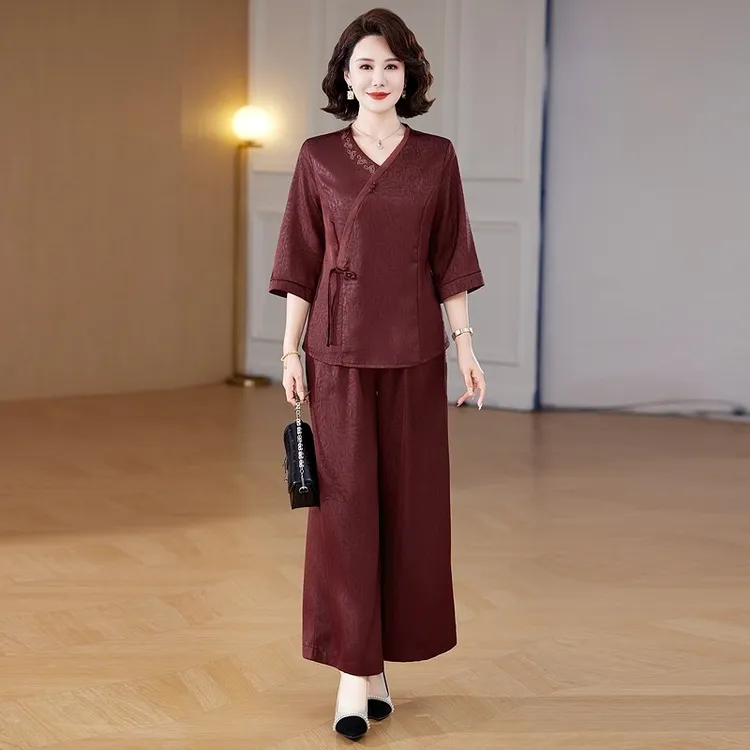 皮尔卡丹中老年女装宽松显瘦时尚两件套新款妈妈装夏季新中式提花