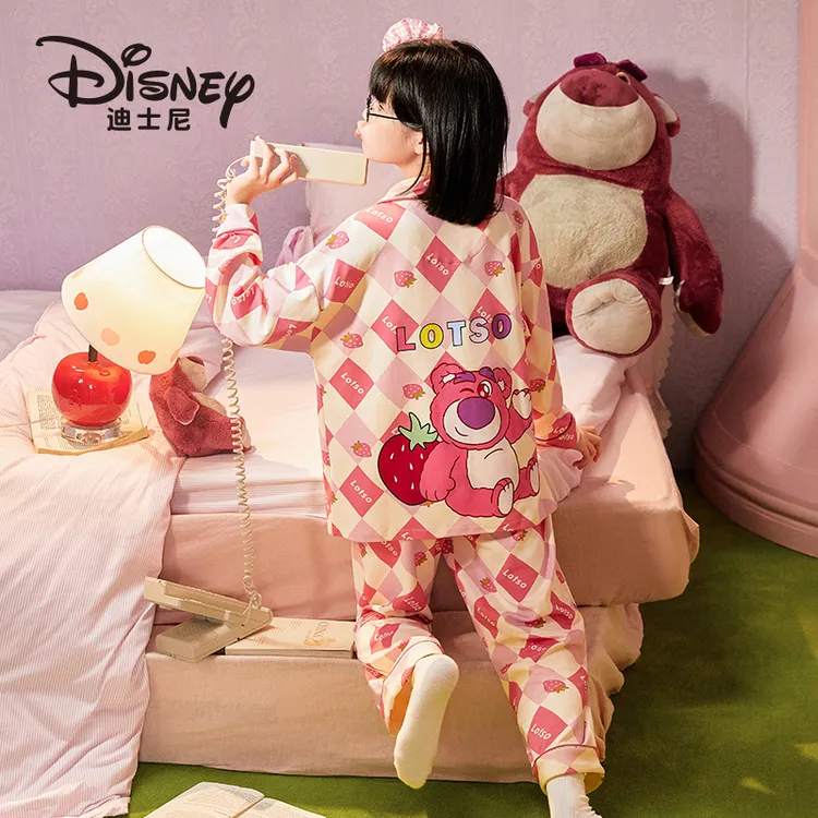 Disney/迪士尼草莓熊睡衣女童春秋季纯棉长袖儿童家居服套装4245
