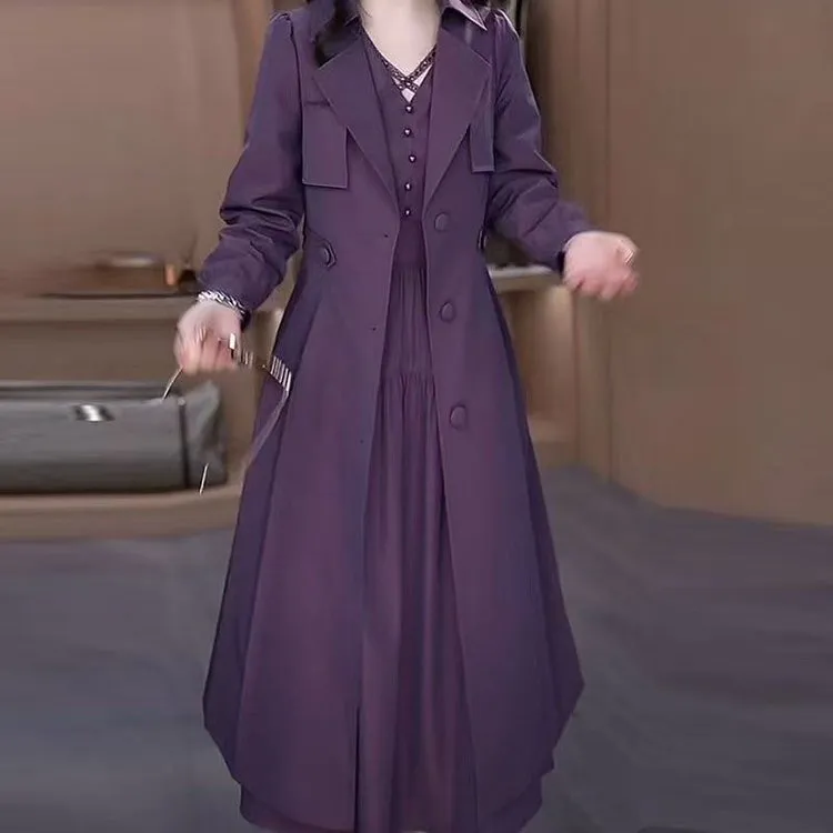 气质时尚中长款收腰大衣女2025年春夏新款妈妈高端西装领风衣外套