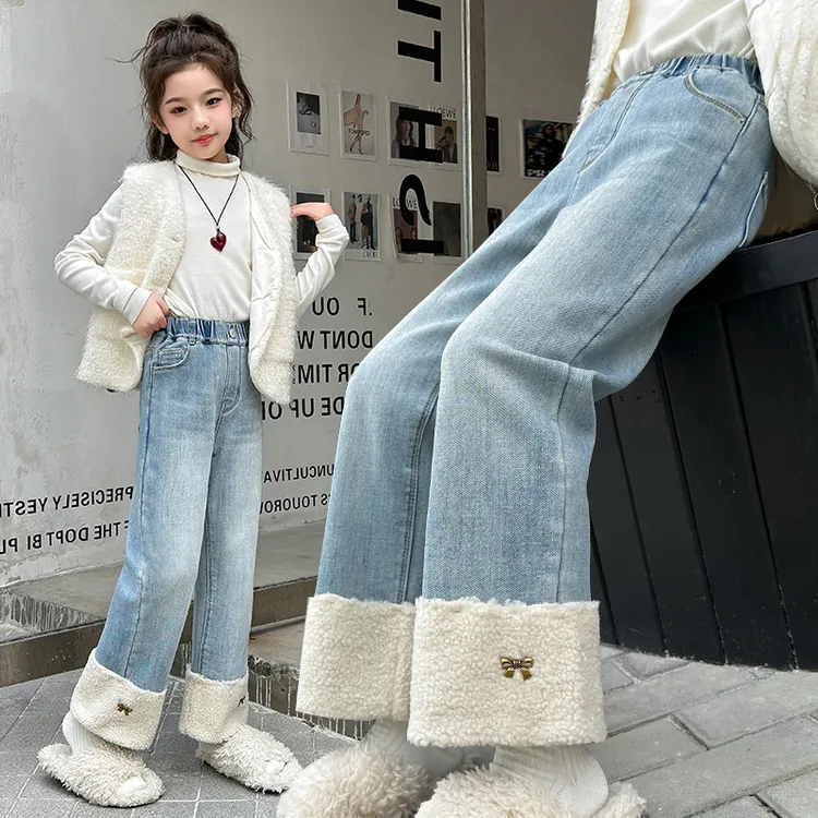 女童冬季加绒加厚毛边牛仔裤大童冬装保暖烟管裤窄版阔腿直筒裤子