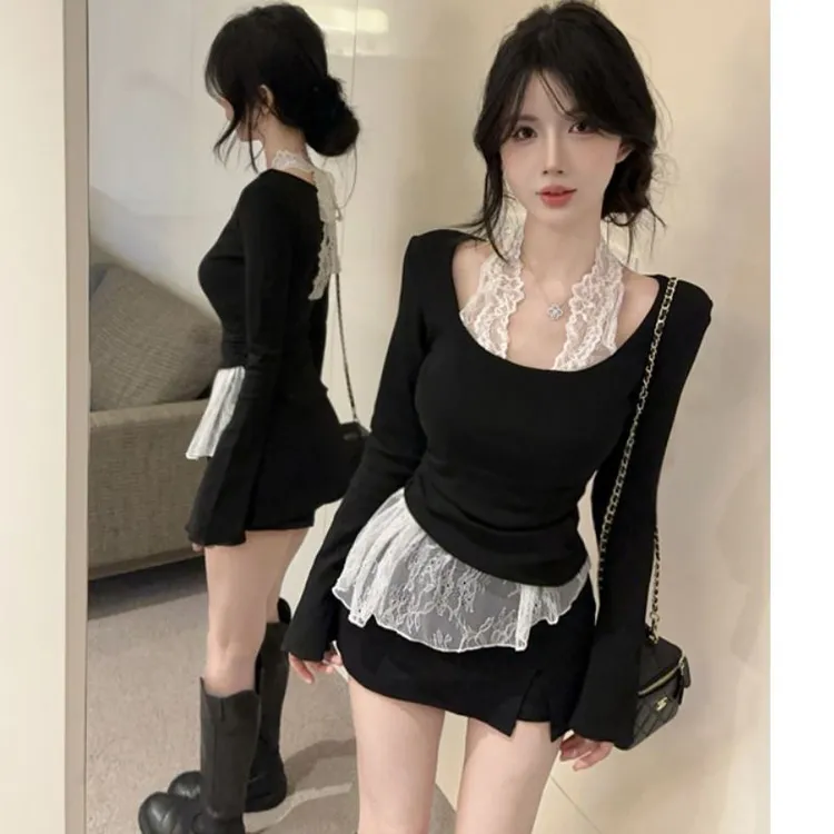 纯欲风辣妹蕾丝拼接假两件挂脖长袖T恤女春秋设计感修身绝美上衣