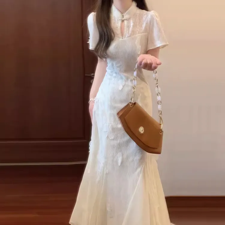 新中式国风立体蝴蝶绣花旗袍显瘦连衣裙鱼尾裙礼服长裙