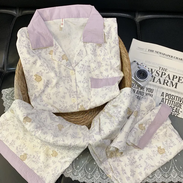 【三件套碎花兔兔紫】云朵绵夏季短袖卡通睡衣少女家居服套装0687