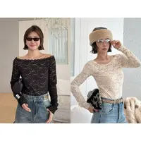 ‘法式浪漫’重工蕾丝衫软糯针织上衣修身长袖一字肩内搭 SWH14974