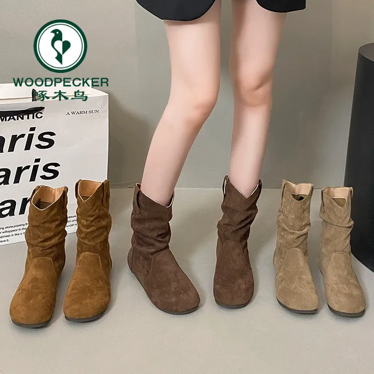 啄木鸟软底勃肯堆堆靴女西部靴2025秋季一脚蹬圆头短靴复古马丁靴