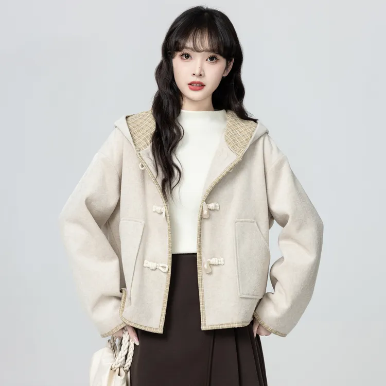 燕麦色连帽毛呢外套女秋冬2025冬季新款宽松呢子大衣开衫短款上衣