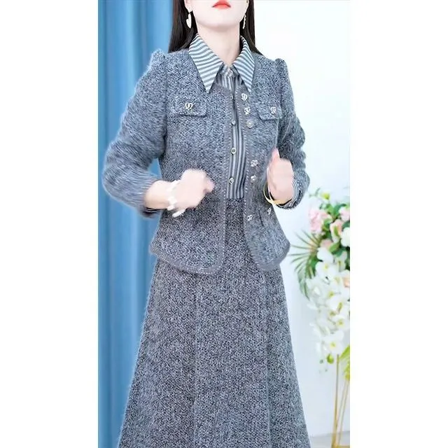加绒加厚外套连衣裙两件套女2025春秋新款中长遮肚妈妈套装女冬