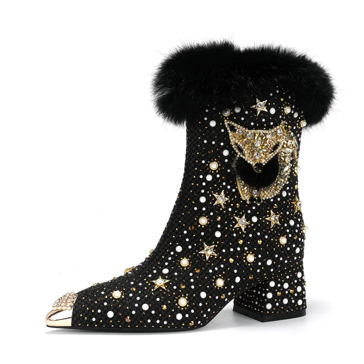 手工制作毛球狐狸头女短靴秋冬新款时尚百搭加绒粗跟女靴