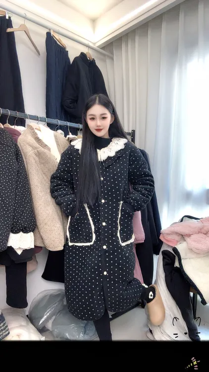 冬季保暖波点中长款加绒女士睡衣可外穿家居服