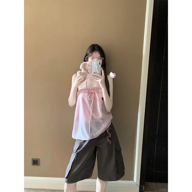 2025新款女士夏季镂空抹胸系带荷叶边露肩吊带上衣高腰宽松阔腿裤