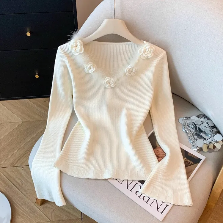 温柔花朵领显瘦百搭针织衫新款韩系V领宽松慵懒软糯长袖女I6-83