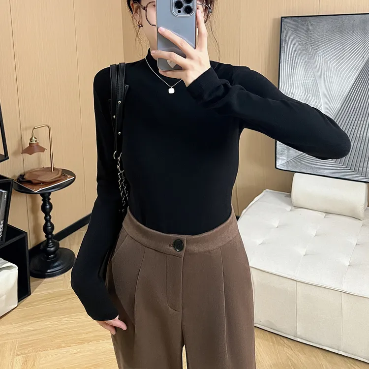 小立领女秋冬新款长袖T恤内搭套头上衣显瘦百搭黑色圆领打底衫