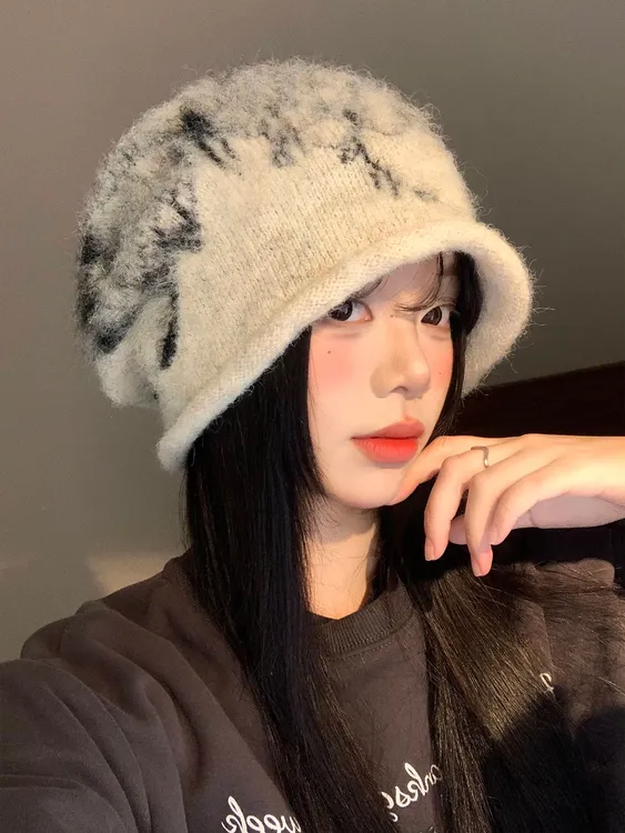 蝴蝶结毛绒针织堆堆帽女秋冬季宽松显脸小包头帽大头围保暖冷帽子