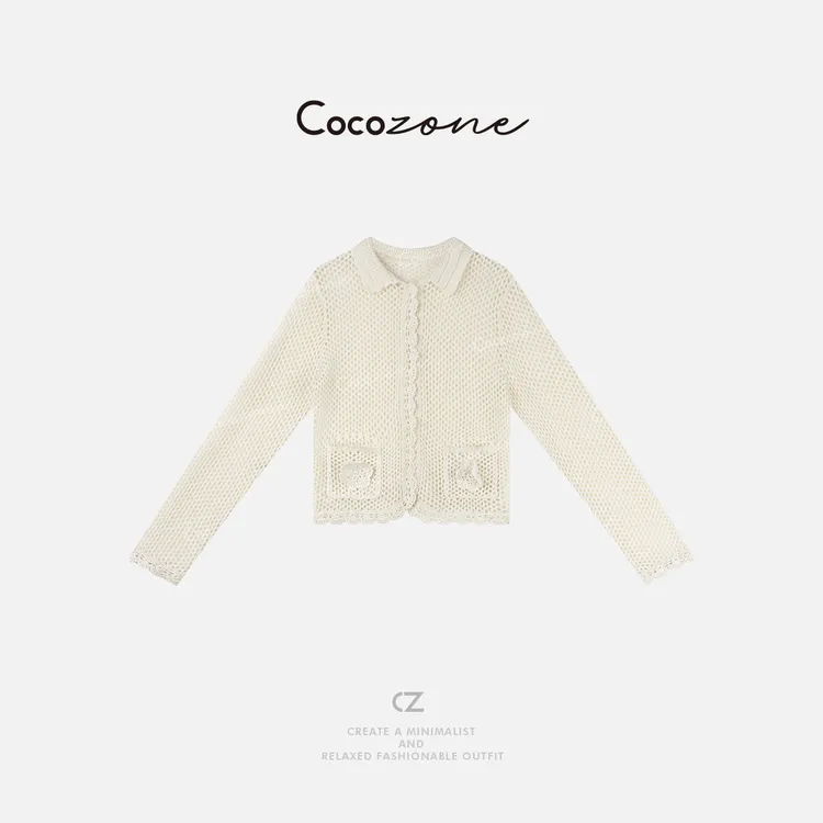 COCO ZONE 刘一一 淡雅干净编织翻领花边下摆毛针织衫 CD1A0721